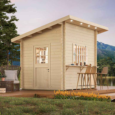 Sawmill Structures The Lakeside Versa Cabana 67 Garden Room glows with recessed lighting and invites with high stools along its serving counter