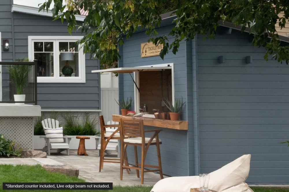 Sawmill Structures The Lakeside Versa Cabana 67 Garden Room shows the serving window open with bar seating
