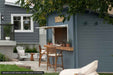 Sawmill Structures The Lakeside Versa Cabana 67 Garden Room shows the serving window open with bar seating