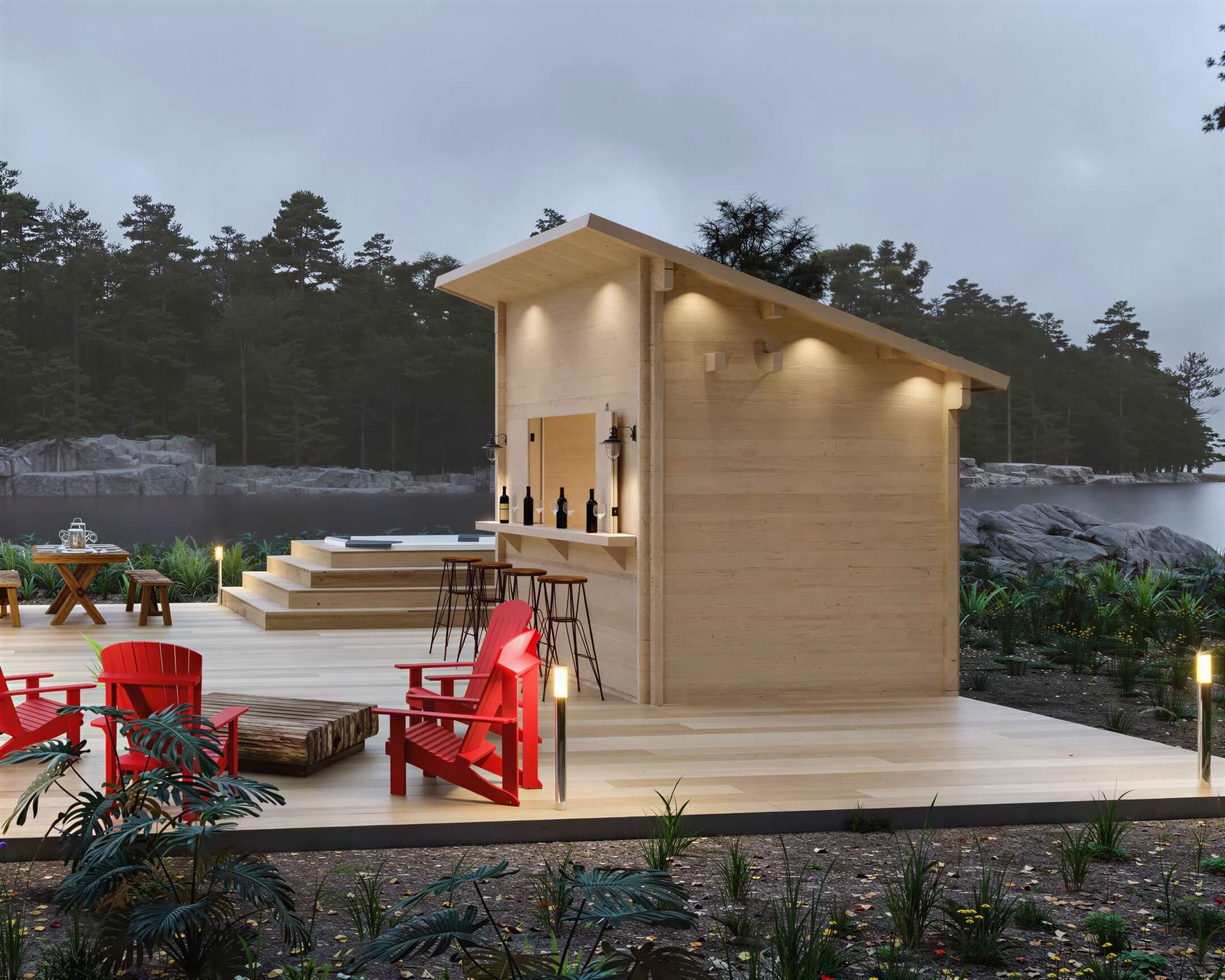 Sawmill Structures The Lakeside Versa Cabana 67 Garden Room stands on a lakeside deck at dusk, beautifully lit with warm lights and surrounded by Adirondack chairs and nature