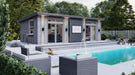 Sawmill Structures The Muskoka Garden Suites showcases a modern guest suite with large glass doors facing a sparkling pool and outdoor seating area