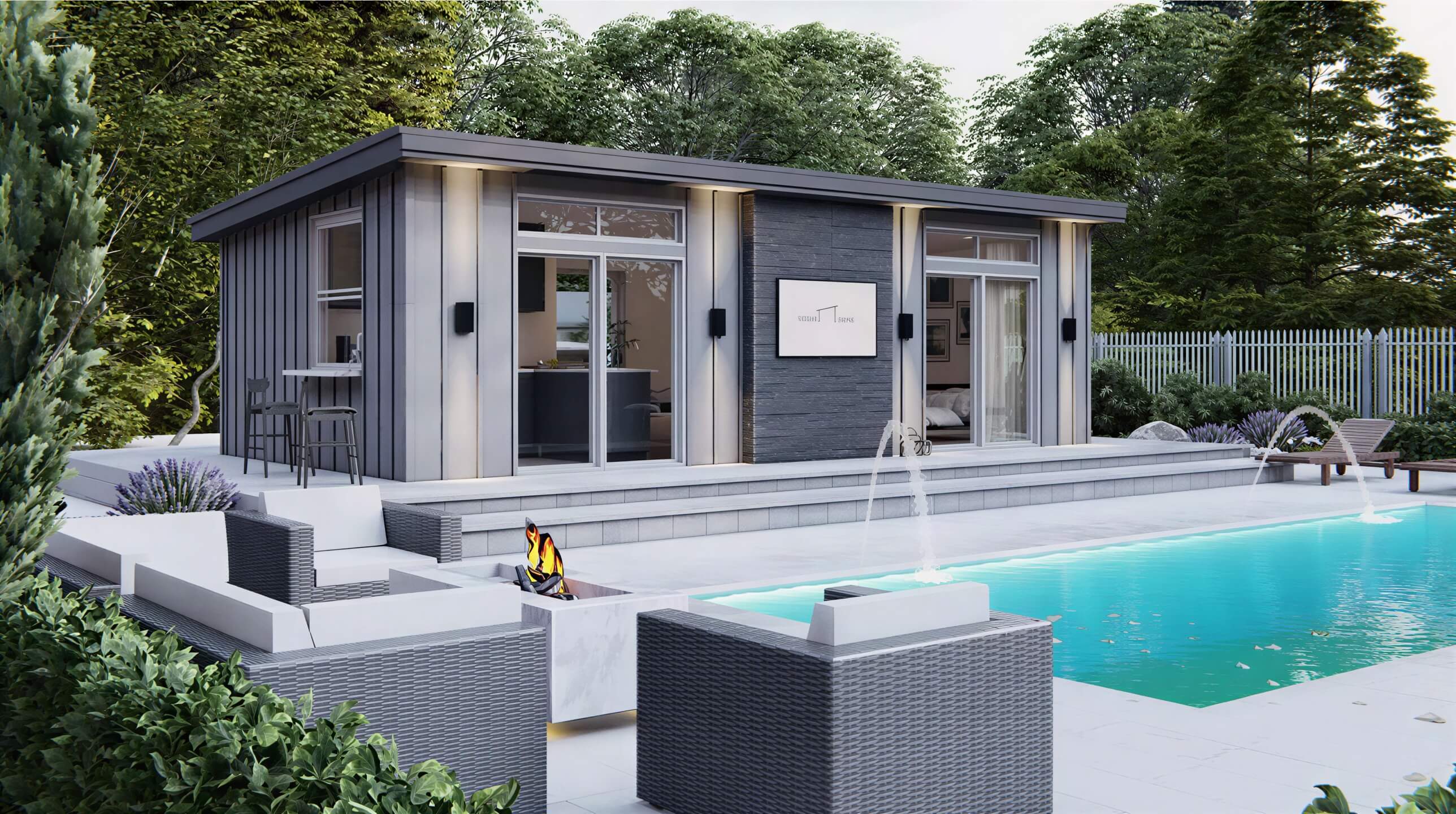 Sawmill Structures The Muskoka Garden Suites showcases a modern guest suite with large glass doors facing a sparkling pool and outdoor seating area