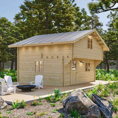 Sawmill Structures The Northwood Grand SD 70mm Garden Room reveals the inviting patio area, surrounded by trees and natural landscaping