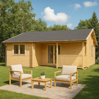Sawmill Structures The Sunbeam Lakehouse 70mm Garden Room is a light timber cabin with a shingled roof, wide windows, and an inviting grassy setting