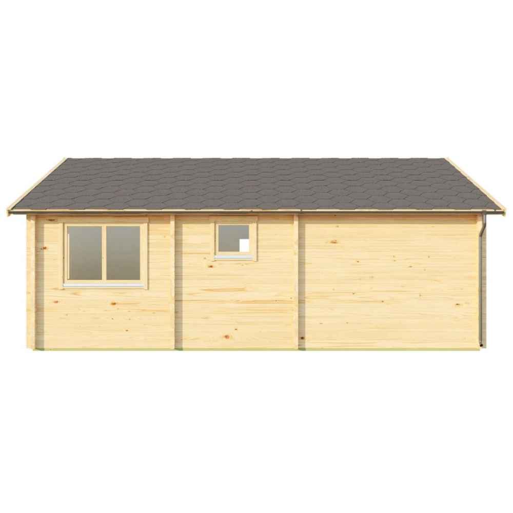Sawmill Structures The Sunbeam Lakehouse 70mm Garden Room is shown from the back with two small windows placed on a long wooden wall
