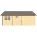 Sawmill Structures The Sunbeam Lakehouse 70mm Garden Room is shown from the back with two small windows placed on a long wooden wall