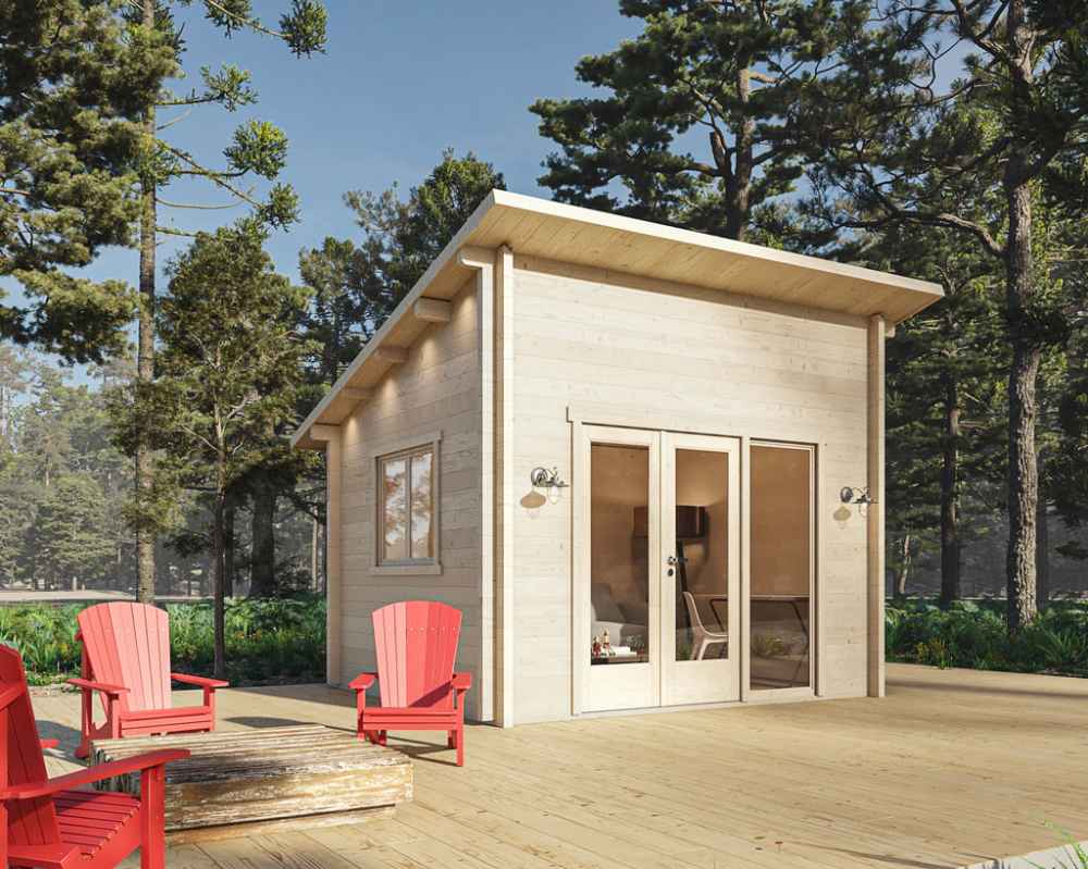 Sawmill Structures The Versa 107 70MM Garden Room stands peacefully on a spacious deck with vibrant red Adirondack chairs