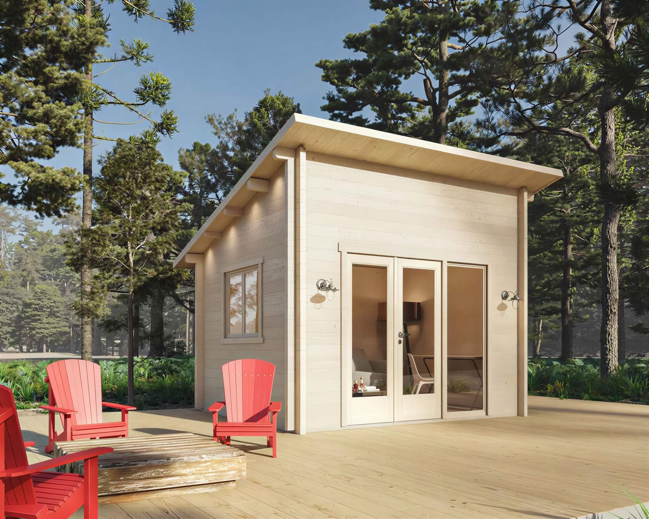 Sawmill Structures The Versa 107 70MM Garden Room stands peacefully on a spacious deck with vibrant red Adirondack chairs