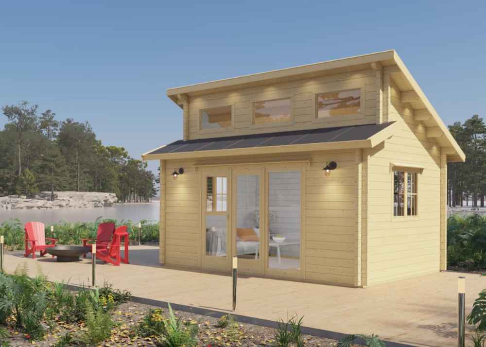 Sawmill Structures The Versa 160 Atrium 70MM Garden Room features a clean, symmetrical design with top clerestory windows, double glass doors, and a lakeside view