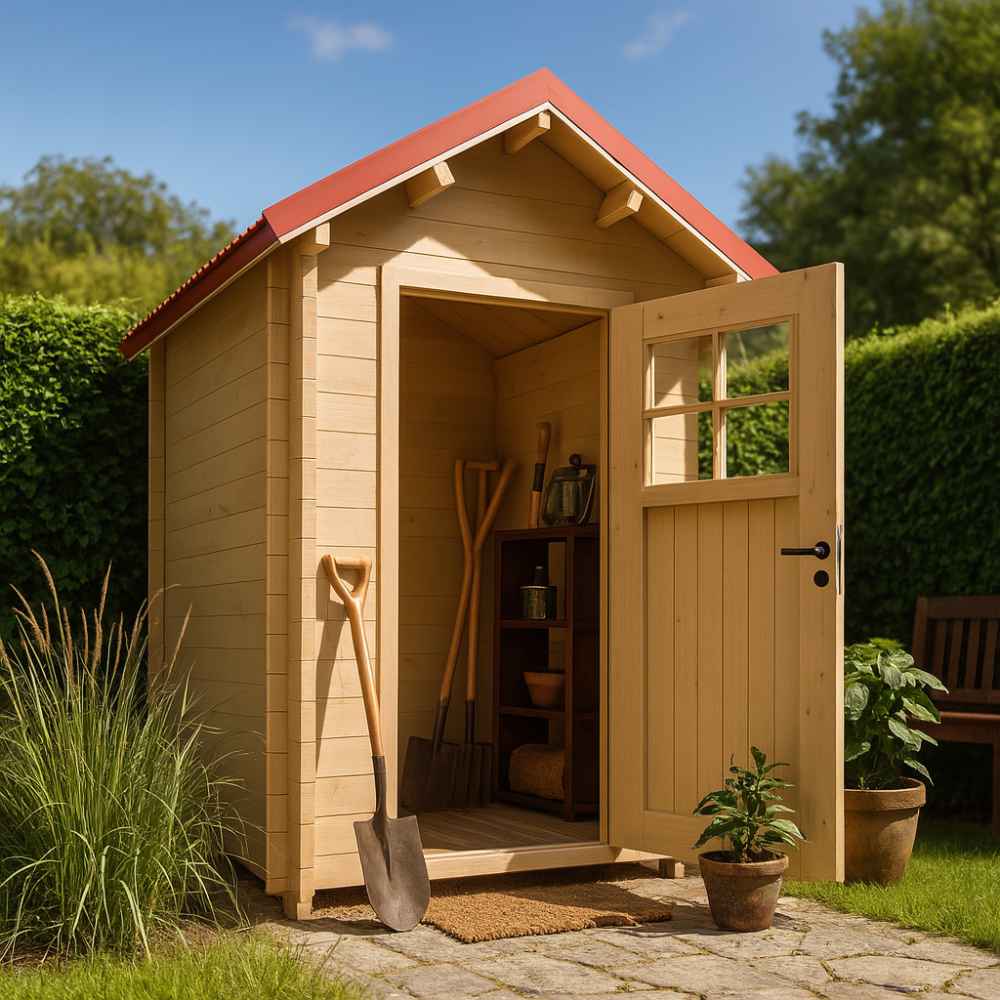 Sawmill Structures The Wee Wee House 33 Garden Room set up as a tidy garden tool shed with spades and shelving inside