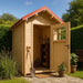Sawmill Structures The Wee Wee House 33 Garden Room set up as a tidy garden tool shed with spades and shelving inside
