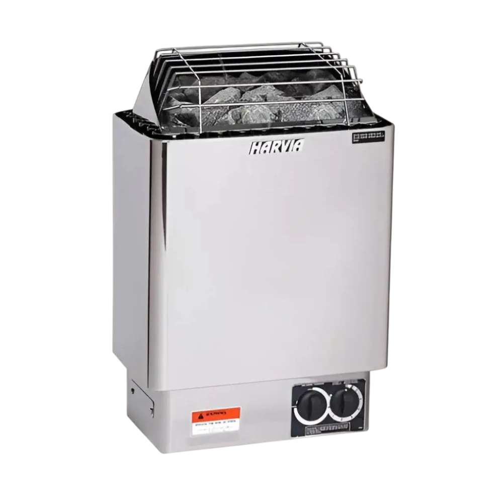 Sawmill Structures Versa Sauna includes a sleek Harvia heater made of stainless steel with sauna stones
