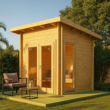 Sawmill Structures Versa Sauna is a compact wooden outdoor sauna with a modern flat roof and full glass doors surrounded by greenery