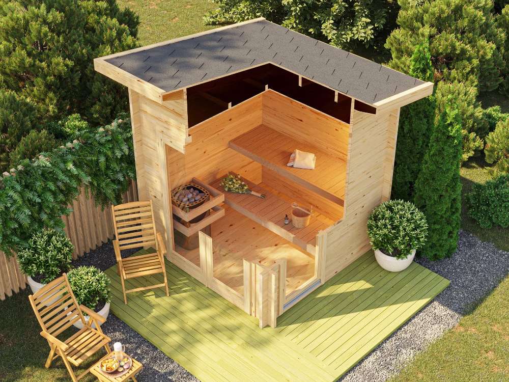 Sawmill Structures Versa Sauna is shown from above, revealing its wooden benches, heater placement, and bright, open interior design