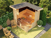 Sawmill Structures Versa Sauna is shown from above, revealing its wooden benches, heater placement, and bright, open interior design
