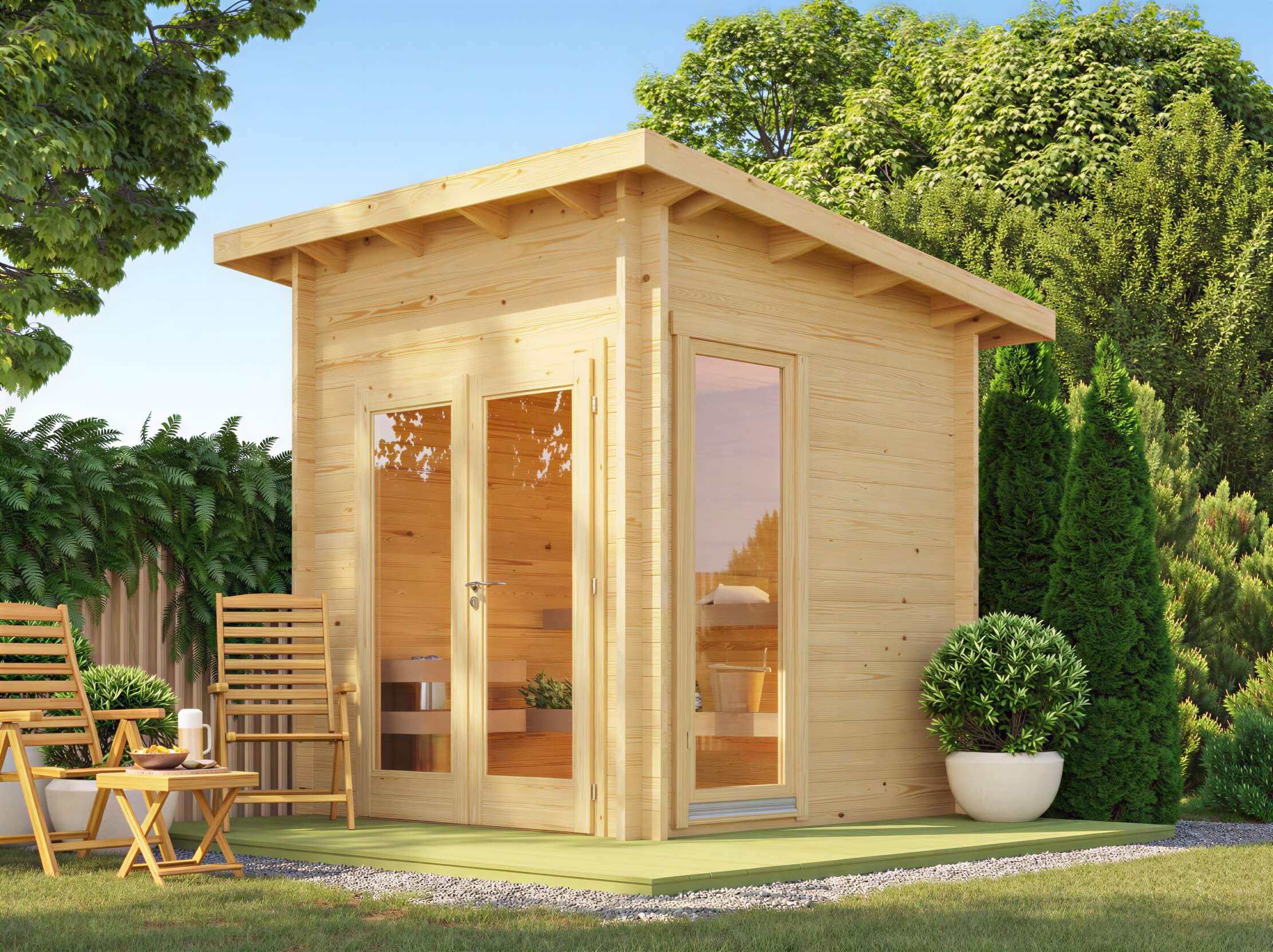 Sawmill Structures Versa Sauna sits in a cozy backyard corner with wooden chairs nearby