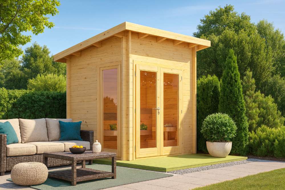 Sawmill Structures Versa Sauna stands beside a patio sofa set, showcasing its sleek wood design and inviting glass-fronted entrance