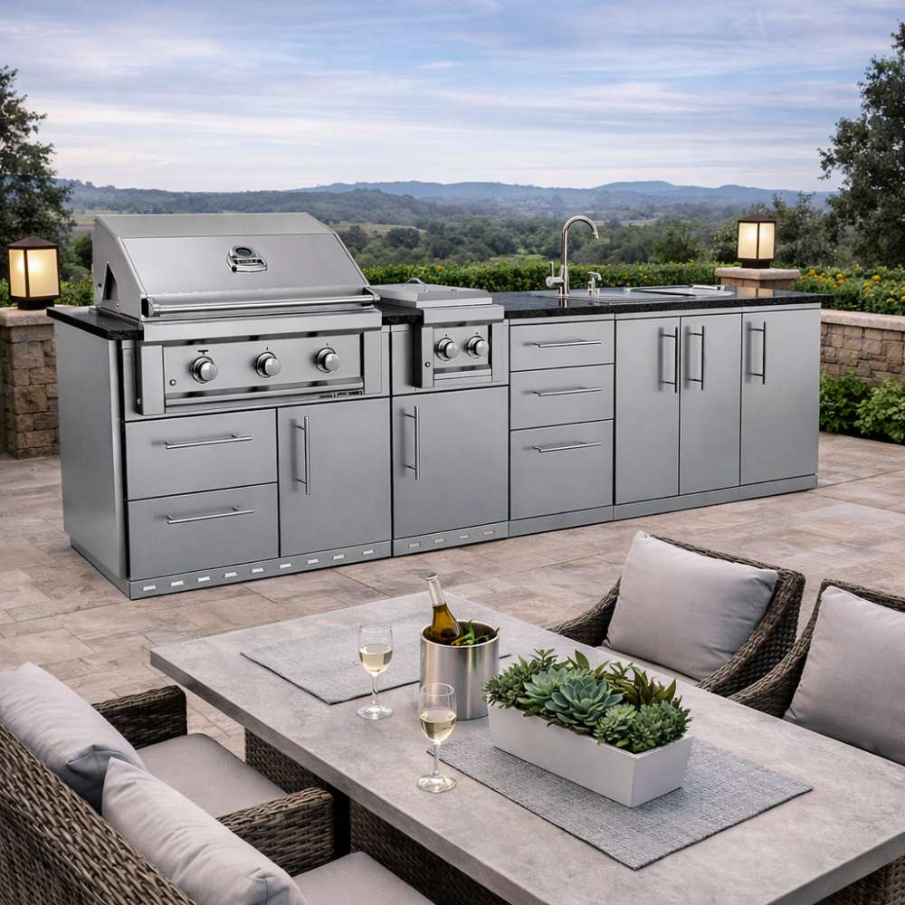 Scenic outdoor view of the Sunstone Magnolia 10ft Outdoor Kitchen Island Package with grill, sink, and cabinets near dining area