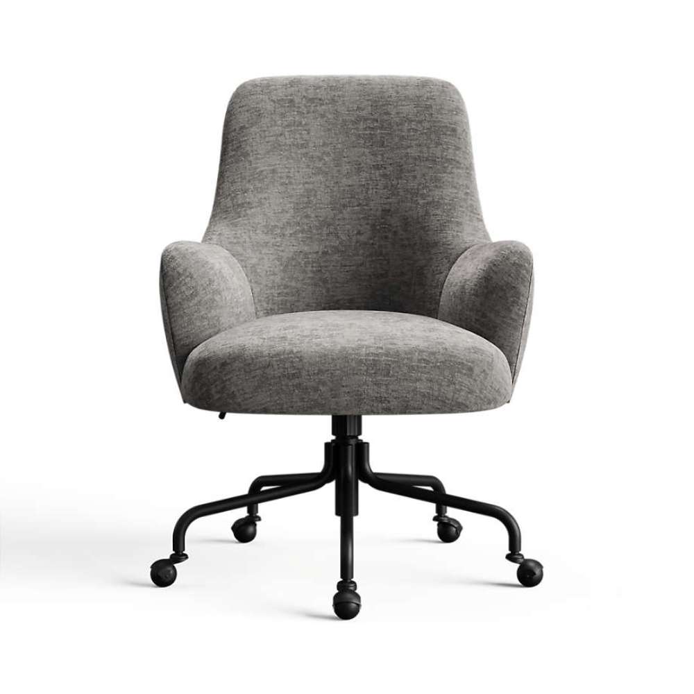 Midnight Monet Recycled Chenille Crate & Barrel Bellevue Upholstered Office Chair in midnight blue chenille with a plush seat and caster base
