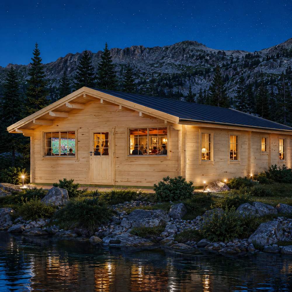 Sean 44 glowing beside a Wyoming alpine lake while family and friends watch football inside.