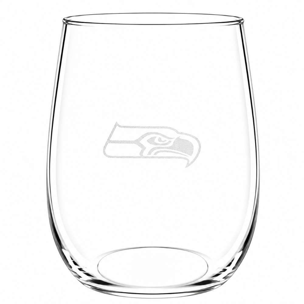 Seattle Seahawks Crate & Barrel NFL Aspen 17oz Stemless Wine Glass, Set of 4 features a clear stemless glass etched with the Seahawks bird-head logo
