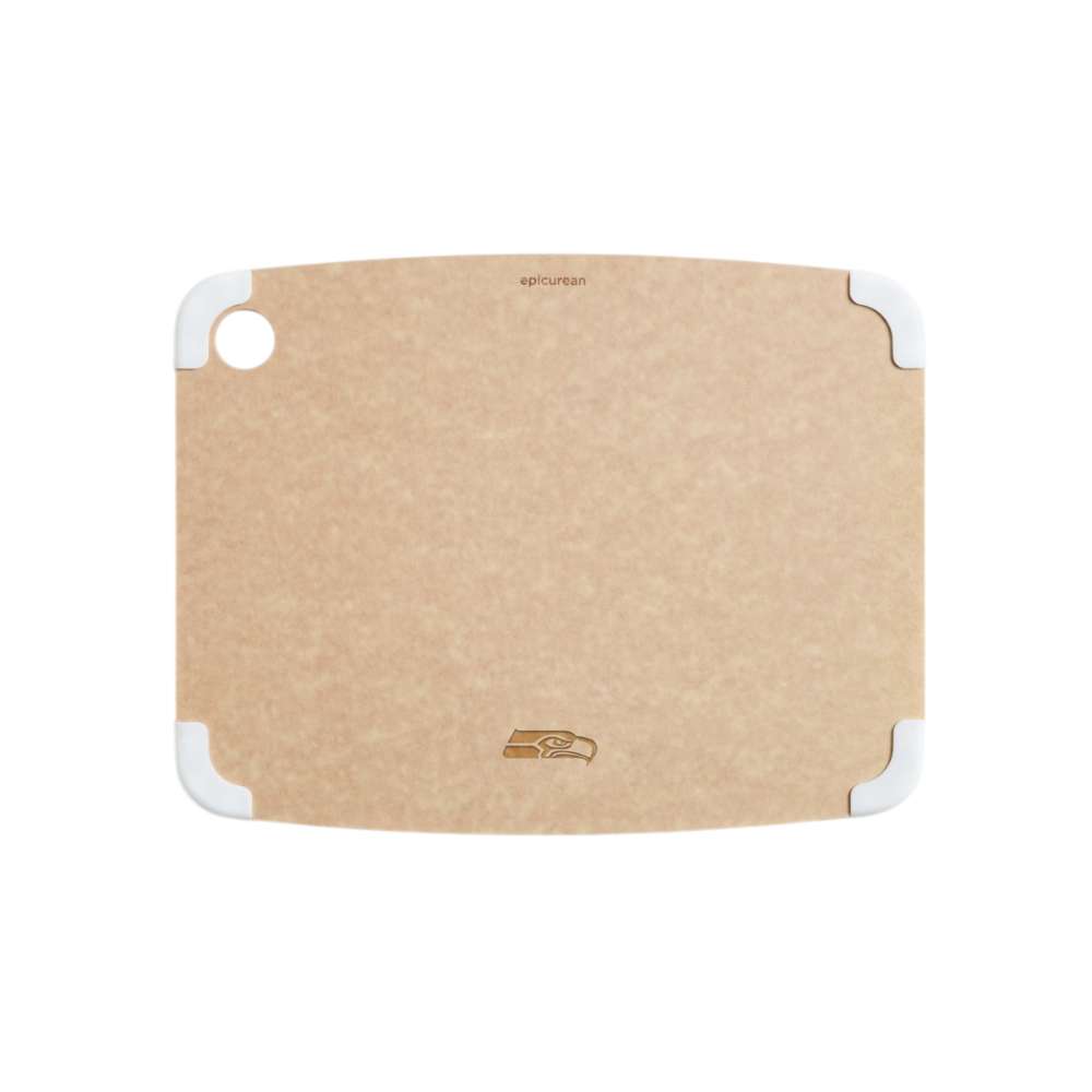 Seattle Seahawks Crate & Barrel NFL Organic Cotton Oven Mitt with Silicone Grip features a natural tan surface, white corner grips, and an engraved Seahawks bird-head logo