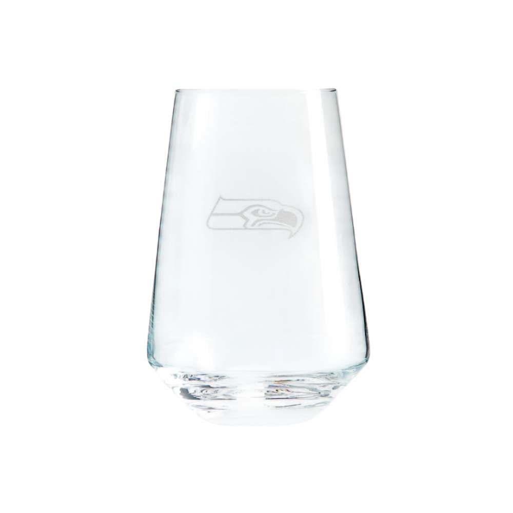 Seattle Seahawks Crate & Barrel NFL Tour 19oz Stemless Wine Glass, Set of 4 featuring the Seahawks bird-head logo etched on clear glass