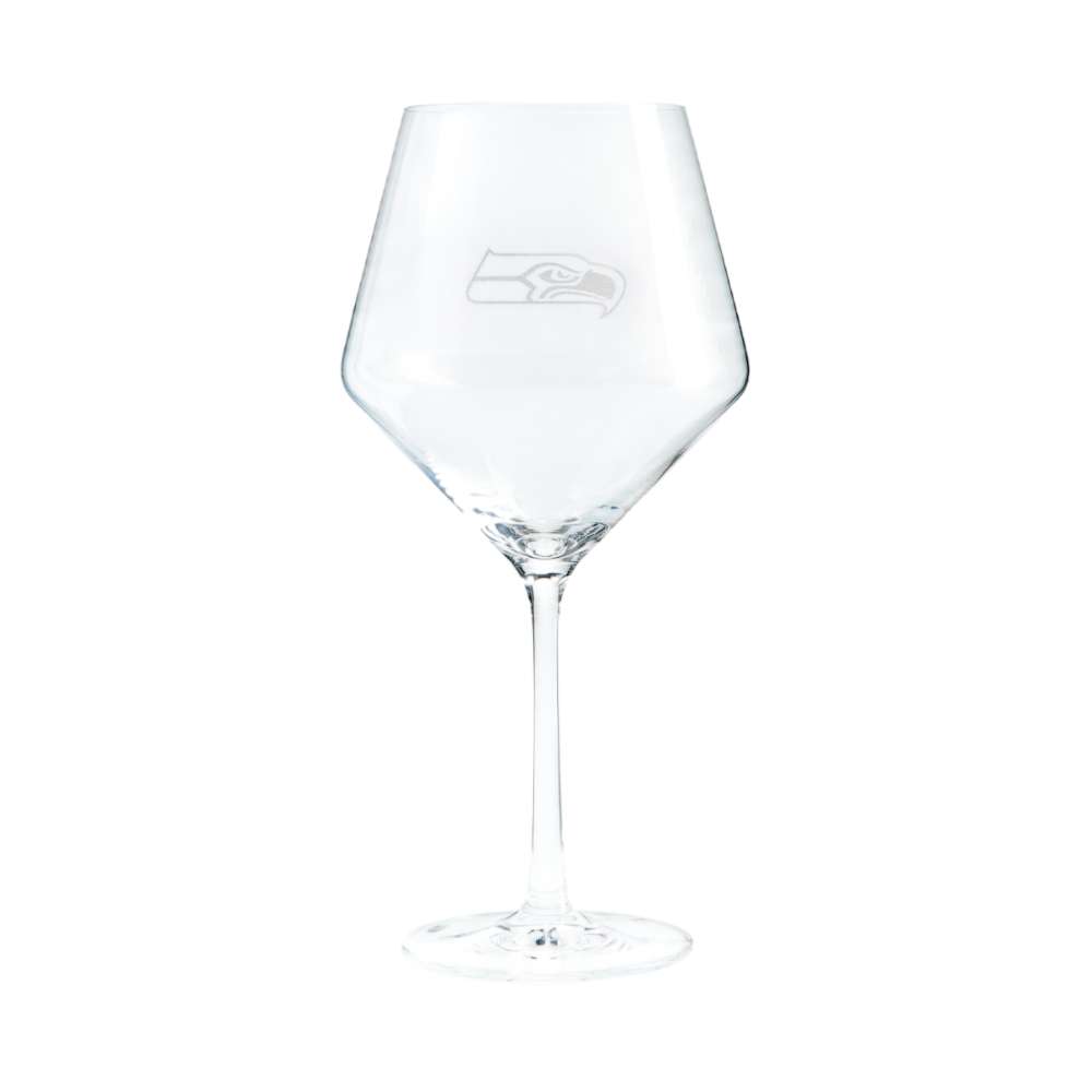 Seattle Seahawks Crate & Barrel NFL Tour 24oz Red Wine Glass, Set of 4 featuring the Seahawks bird-head logo etched on a clear stemmed wine glass
