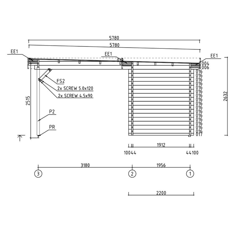 Sectional construction diagram shows the structural components of the GardenHouse24 USA Carport Kampen 44 Garden Room