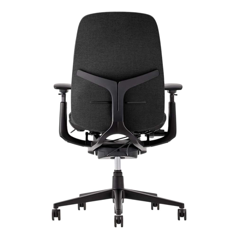 Seen from the back, Crate & Barrel Haworth Zody Upholstered Charcoal Office Chair features a tall backrest, adjustable armrests, and a rolling five-wheel base