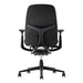 Seen from the back, Crate & Barrel Haworth Zody Upholstered Charcoal Office Chair features a tall backrest, adjustable armrests, and a rolling five-wheel base