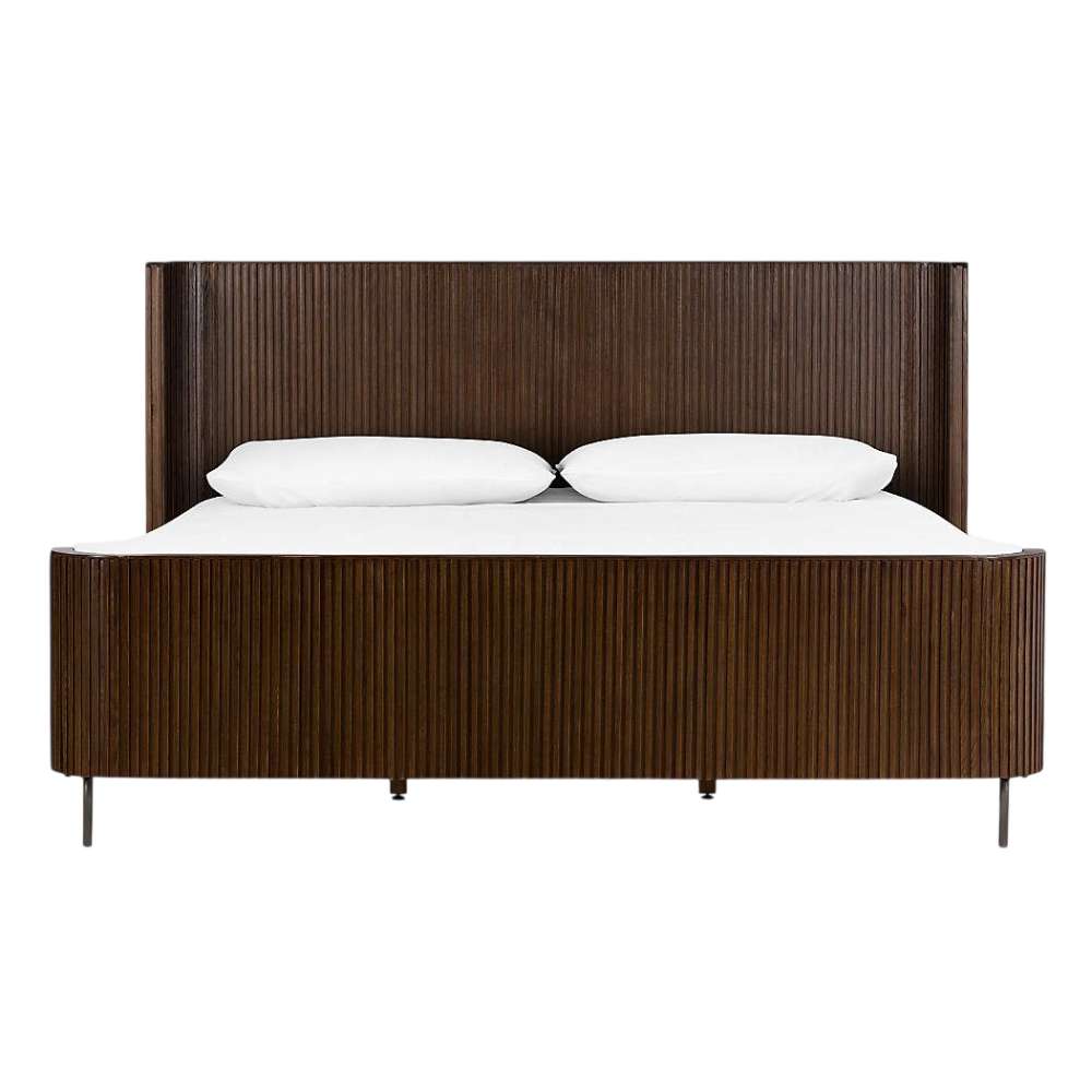 Seen from the front, Crate & Barrel Baylor Brown Ribbed Solid Oak Wood King Bed features a wide ribbed oak frame with a tall headboard and low footboard