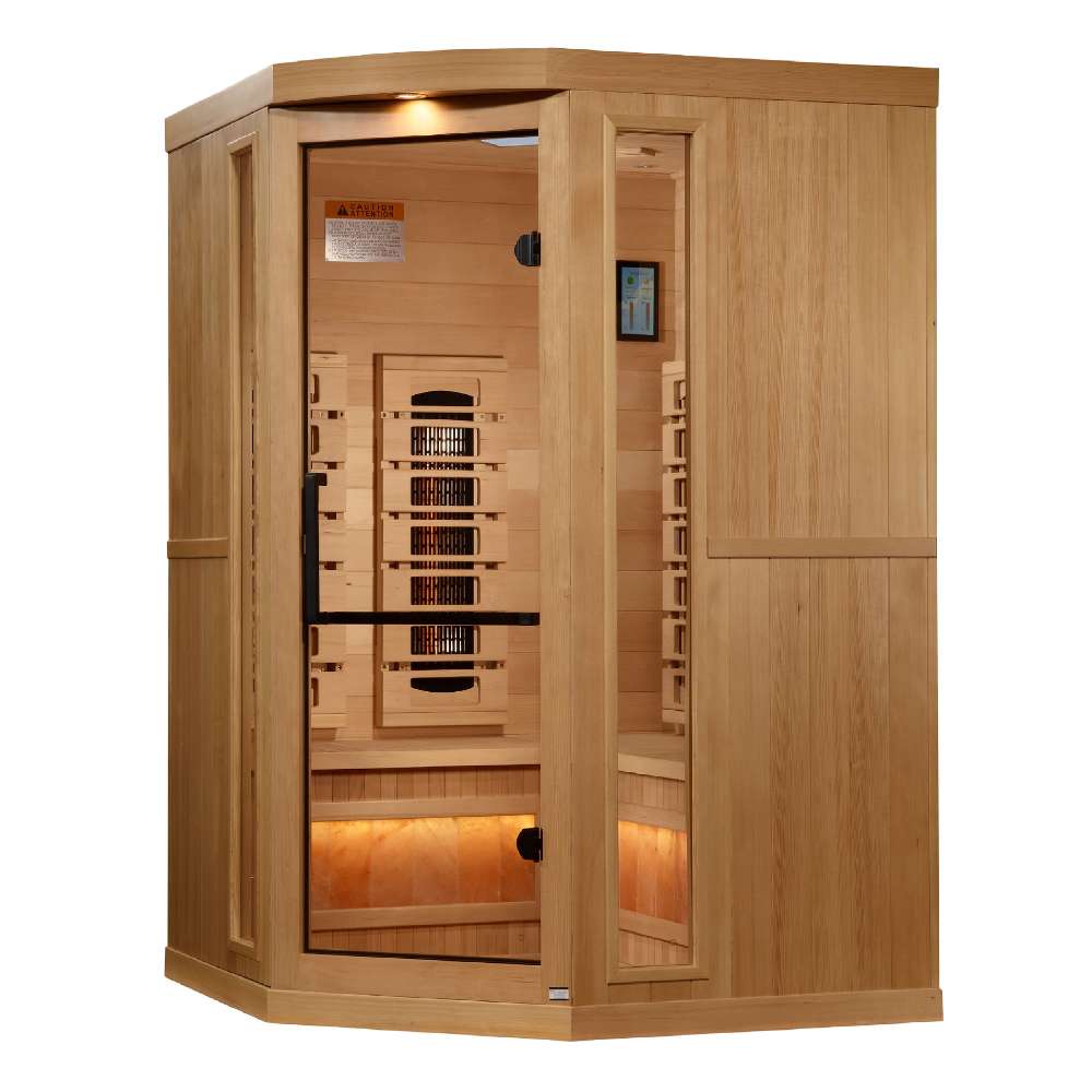 Seen from the front right, Golden Designs 2025 Reserve Edition 3 Person Full Spectrum Sauna with Himalayan Salt Bar shows its hemlock side wall, glass door and touch screen panel