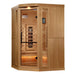 Seen from the front right, Golden Designs 2025 Reserve Edition 3 Person Full Spectrum Sauna with Himalayan Salt Bar shows its hemlock side wall, glass door and touch screen panel