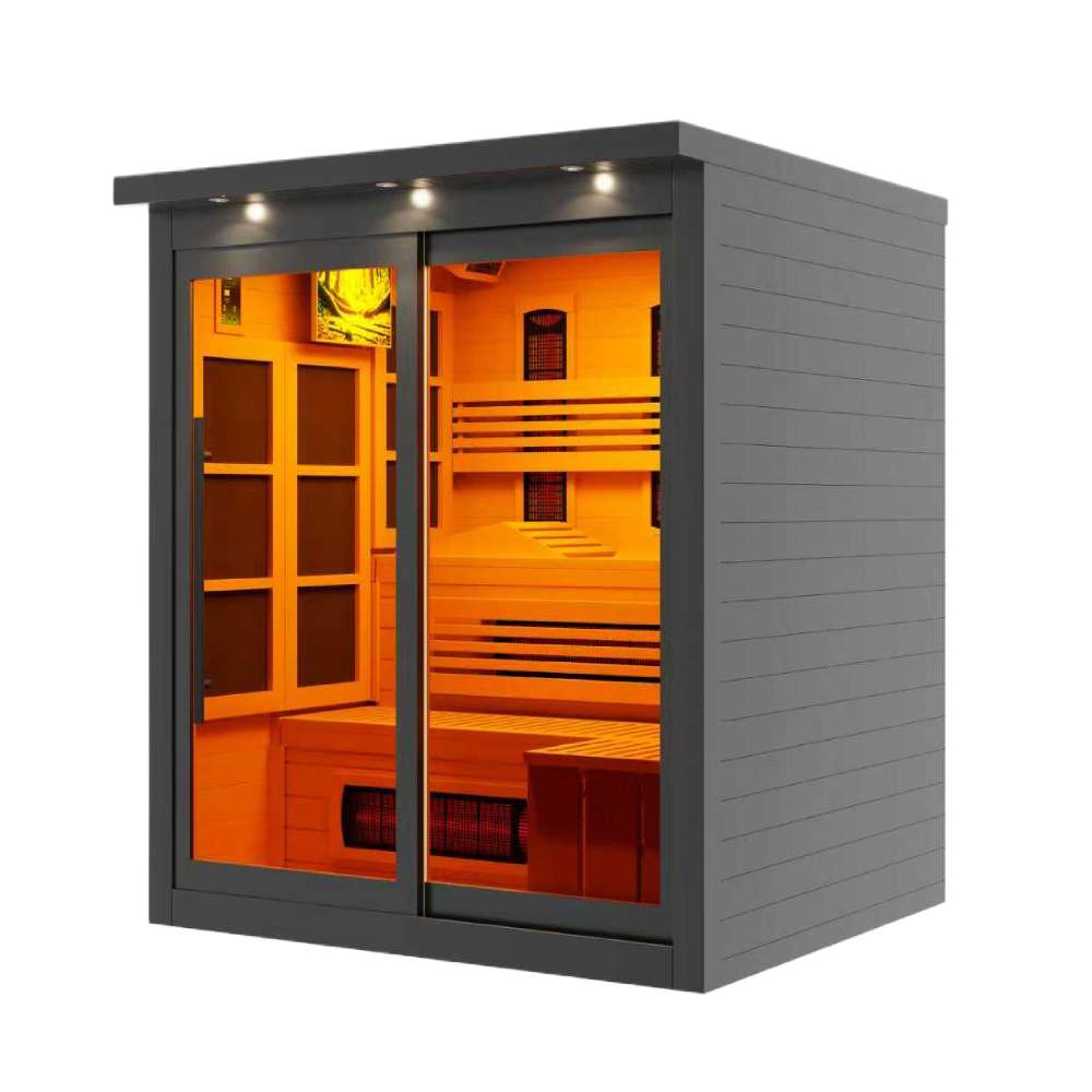 Seen from the front right, Golden Designs 6 Person Full Spectrum Near Zero EMF Far IR Sauna Black Edition shows its black exterior, sliding glass doors and lit benches inside