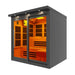 Seen from the front right, Golden Designs 6 Person Near Zero EMF Far IR Sauna Black Edition shows its black exterior, glowing interior and sliding glass doors