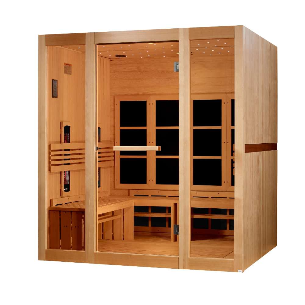 Seen from the front right, Golden Designs 8 Person Full Spectrum Near Zero EMF Far IR Sauna shows its hemlock walls, glass front and benches along the left wall