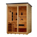 Seen from the front right, Golden Designs Carinthia 3 Person Hybrid Flat Roof Outdoor Sauna shows its hemlock side wall, black flat roof, glass door and side heater inside