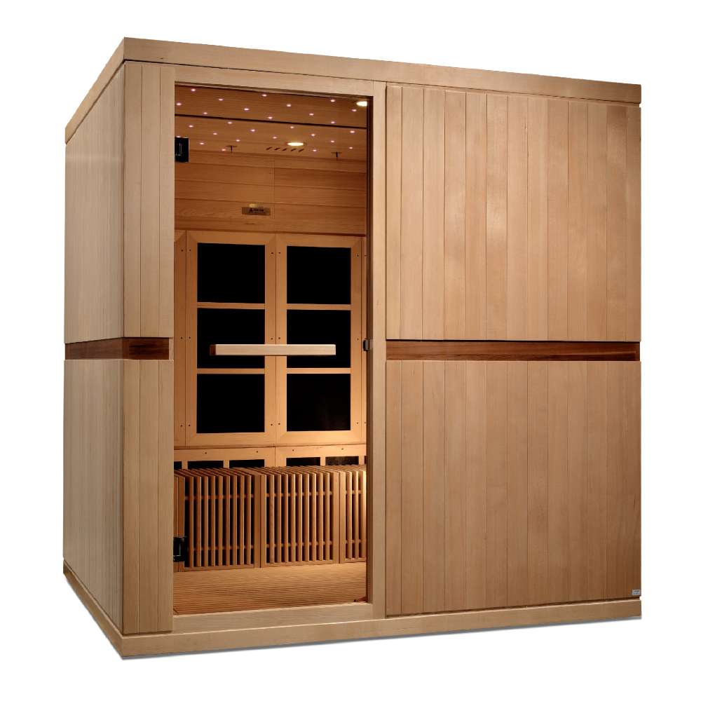 Seen from the front right, Golden Designs Catalonia 8 Person Near Zero EMF Far IR Sauna shows its glass door, hemlock walls and dark accent stripe