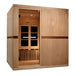 Seen from the front right, Golden Designs Catalonia 8 Person Near Zero EMF Far IR Sauna shows its glass door, hemlock walls and dark accent stripe