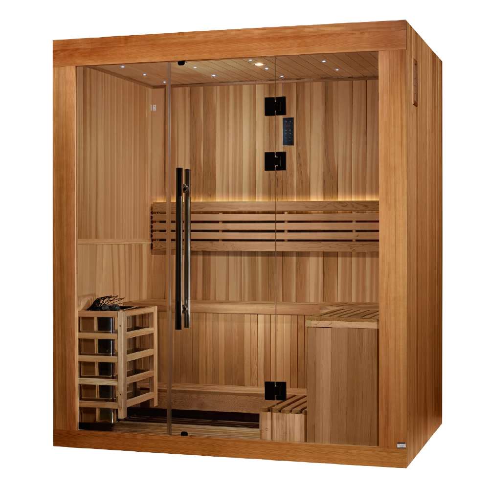 Seen from the front right, Golden Designs Copenhagen 3 Person Traditional Sauna shows its clear-stained cedar side wall and the guarded stove through the glass