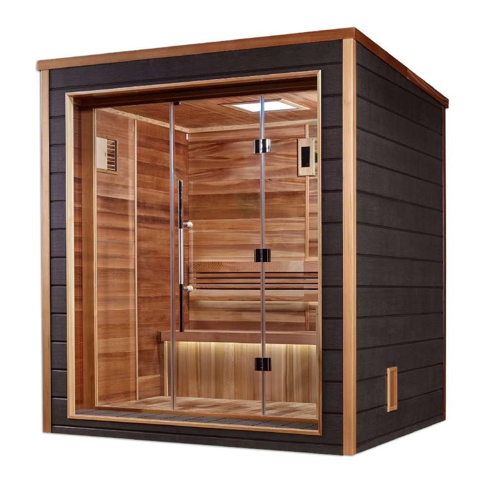 Seen from the front right, Golden Designs Drammen 3 Person Outdoor-Indoor Traditional Sauna shows its dark gray side wall, cedar trim and a softly lit backrest through the glass