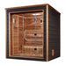 Seen from the front right, Golden Designs Drammen 3 Person Outdoor-Indoor Traditional Sauna shows its dark gray side wall, cedar trim and a softly lit backrest through the glass