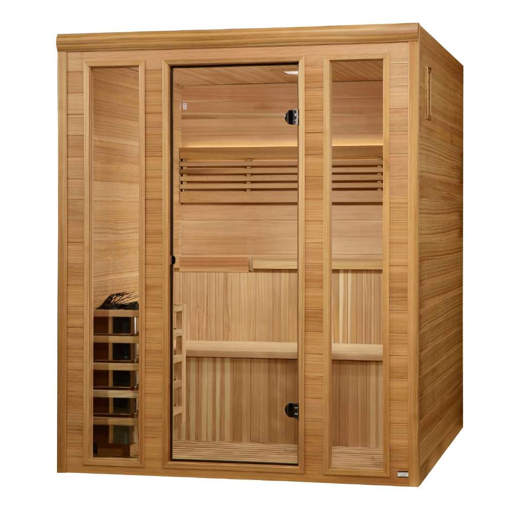 Seen from the front right, Golden Designs Engelberg 6 Person Traditional Sauna shows the stove guard through the left window beside its clear glass door