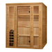 Seen from the front right, Golden Designs Engelberg 6 Person Traditional Sauna shows the stove guard through the left window beside its clear glass door