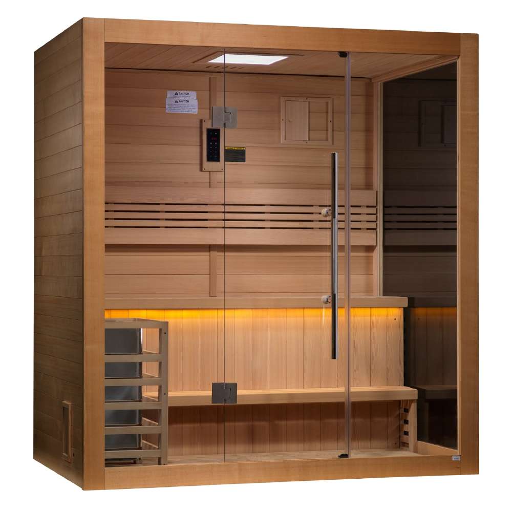 Seen from the front right, Golden Designs Forssa 3-4 Person Traditional Sauna shows its glass front, cedar side wall and warm lighting beneath the bench