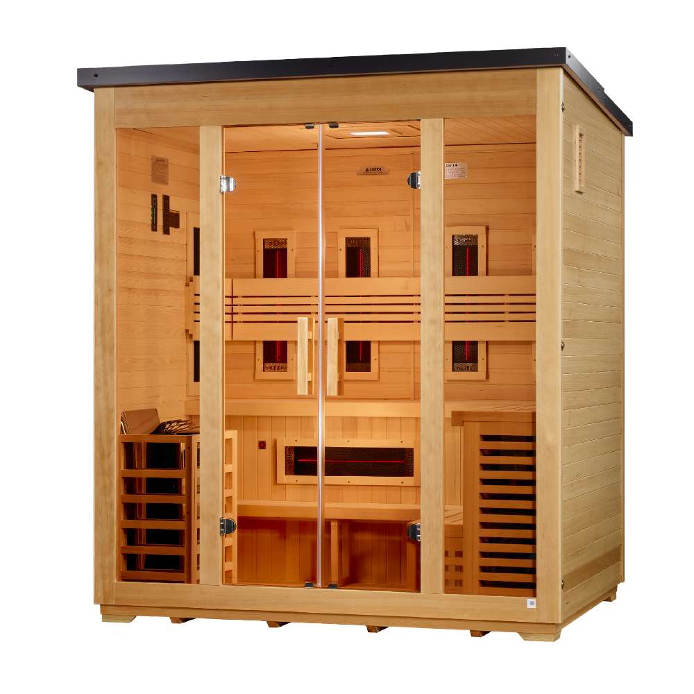 Seen from the front right, Golden Designs Gargellen 5 Person Hybrid Flat Roof Outdoor Sauna reveals a guarded stove in the back corner behind its glass double doors