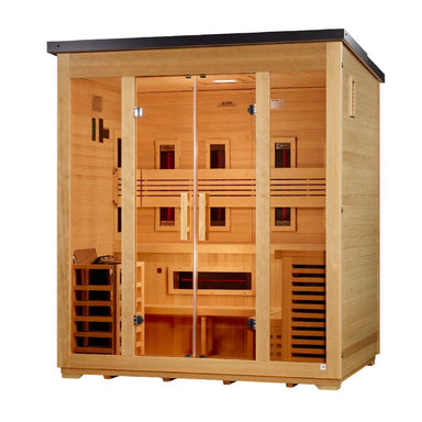 Seen from the front right, Golden Designs Gargellen 5 Person Hybrid Flat Roof Outdoor Sauna reveals a guarded stove in the back corner behind its glass double doors