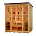 Seen from the front right, Golden Designs Gargellen 5 Person Hybrid Flat Roof Outdoor Sauna reveals a guarded stove in the back corner behind its glass double doors