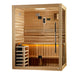 Seen from the front right, Golden Designs Hanko 2-3 Person Traditional Sauna shows a side glass panel, the guarded stove and cedar backrest boards